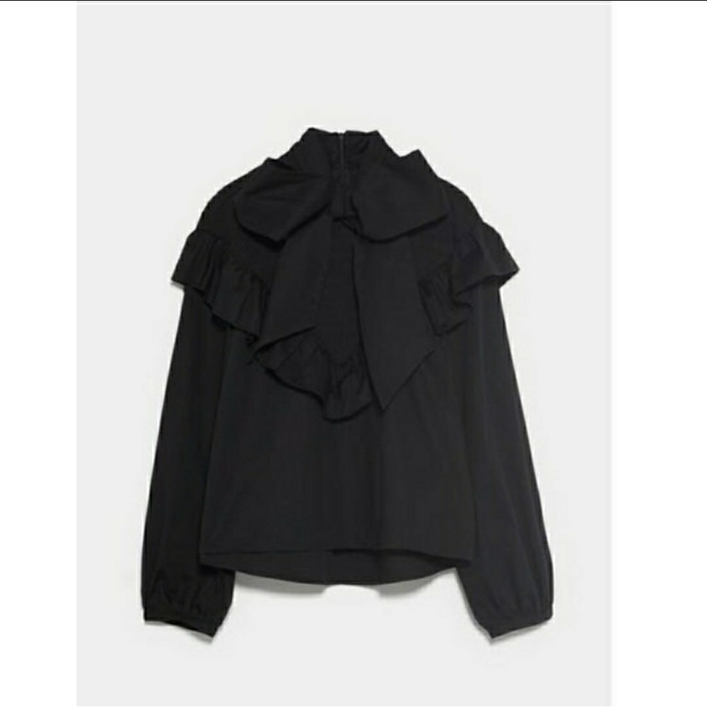 NWOT ZARA Black Poplin Ruffle Bow Blouse
